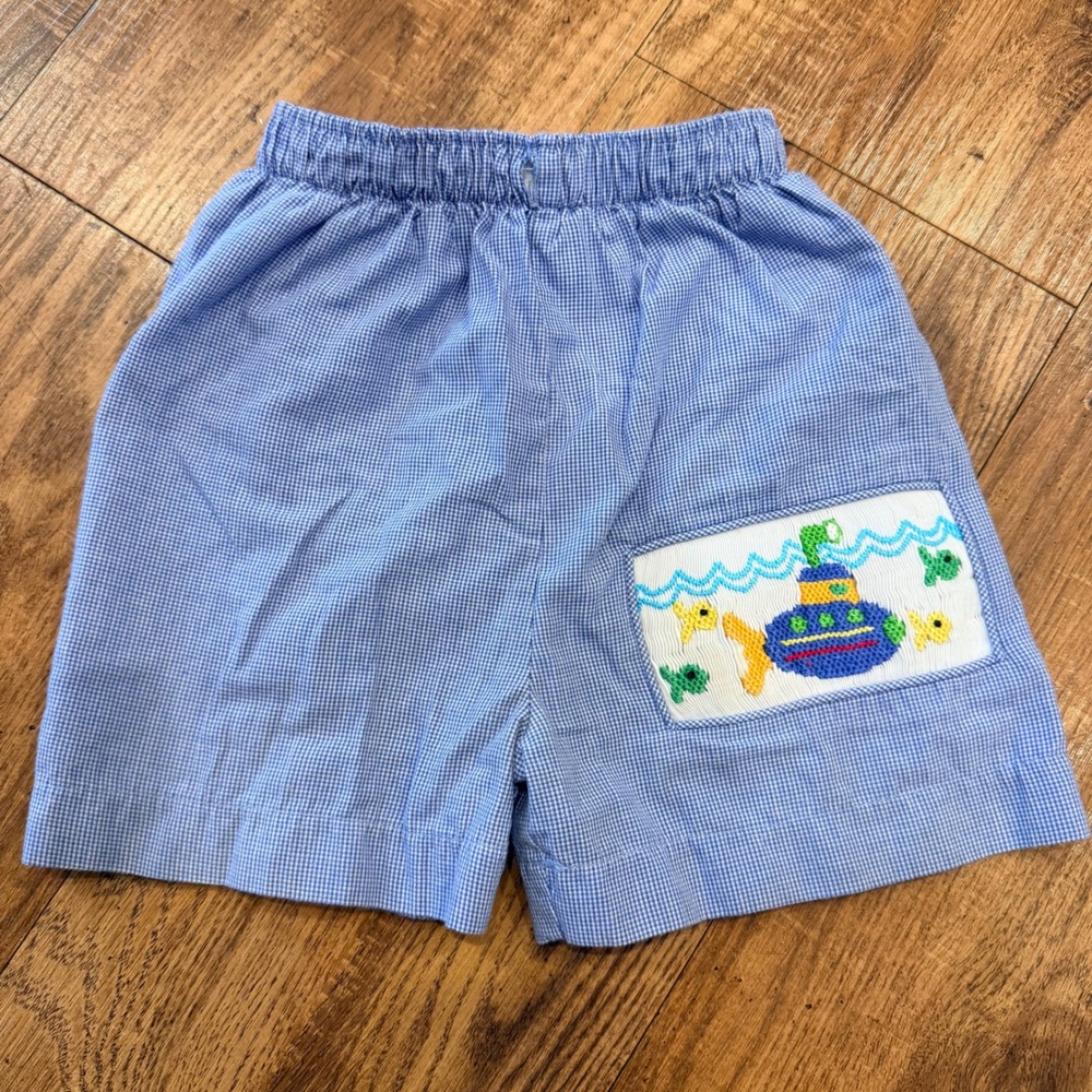 Zuccini Kids Blue Gingham Smocked Submarine Shorts 12M Nautical Pull On